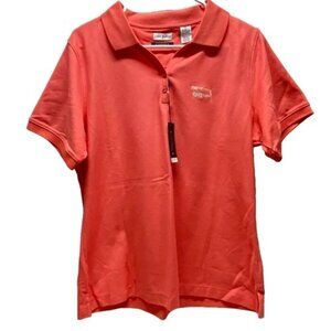 Lady Divots Pique Polo Women's Large Poppy Pink "The Rail" Golf Course Logo‎ NWT
